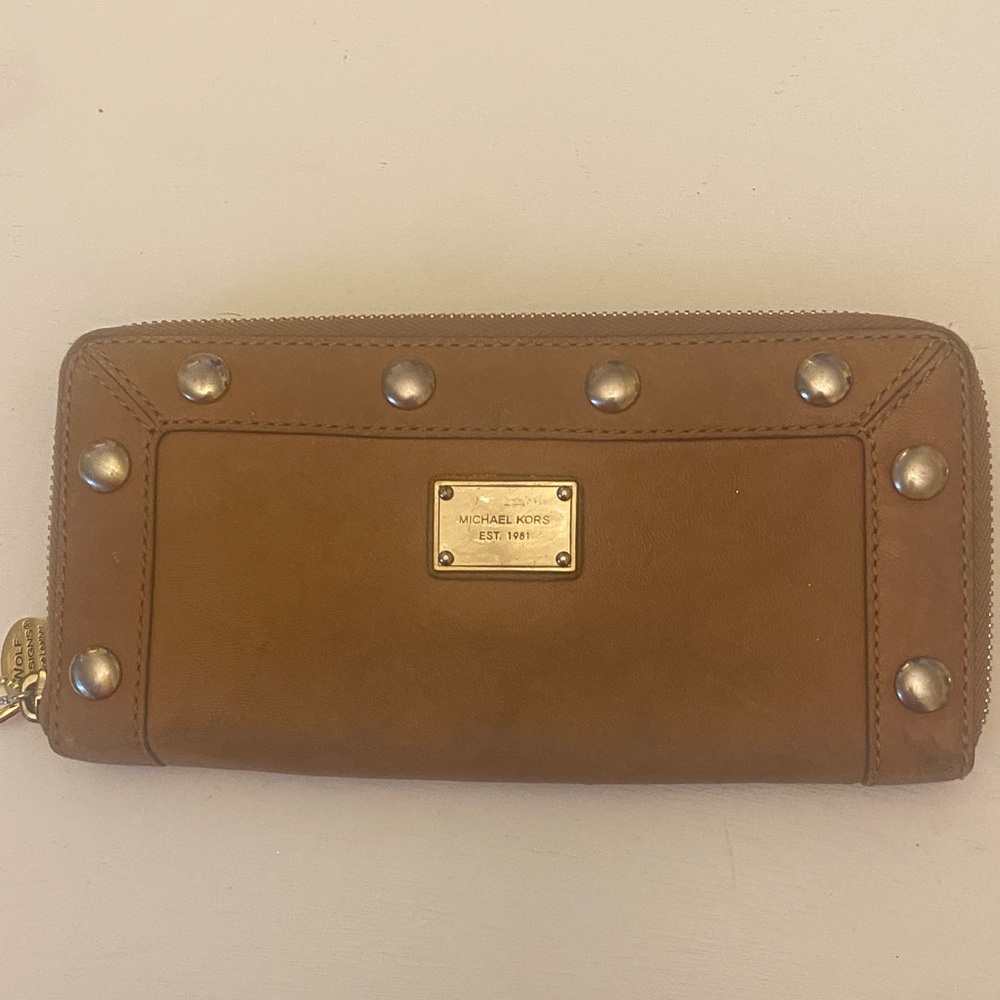 Michael Kors Tan Leather Zip-Around Wallet with Stud Accents